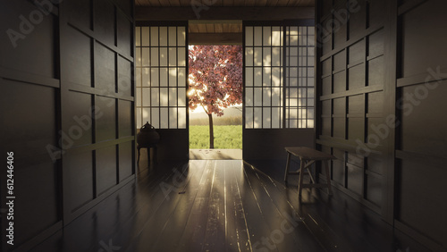 3D rendering of japanese wooden corridor with shoji sliding doors in the evening sunlight