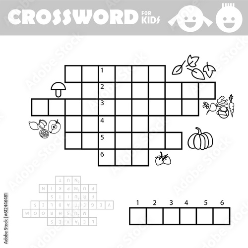 Word search crossword puzzle. Autumn. Find and write the words show in the picture. Fall harvest. Food. Vector educational activity page for children. Worksheet learning English language