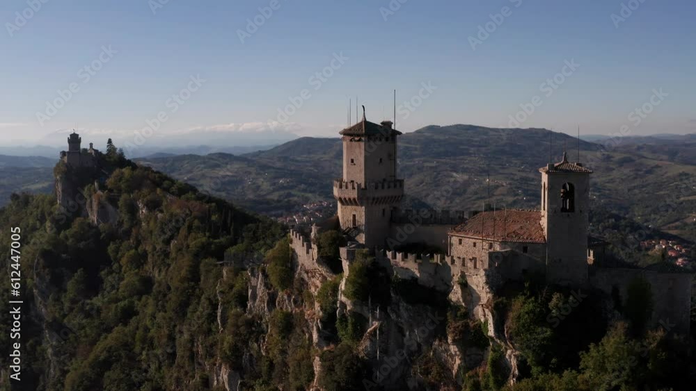Aerial view of Republic of San Marino with Fortress Towers and Parliament. Dwarf state of Europe Aerial view of Republic of San Marino with Fortress Towers and Parliament. Dwarf state of Europe