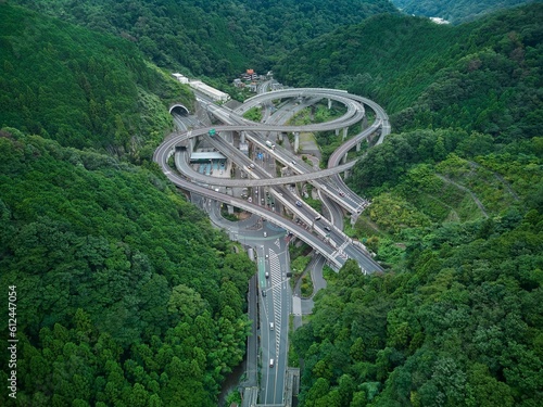 Canvas Print Aerial shot of A highway interchange in the Takao Mountain, near Tokyo, Japan