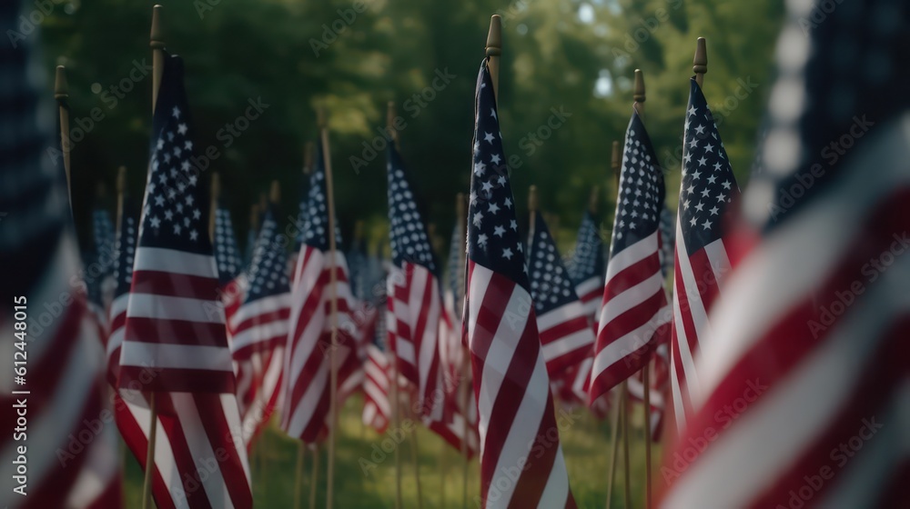 Memorial Day, Remember And Honor, Independence Day, Outdoor American Flags. Generative AI