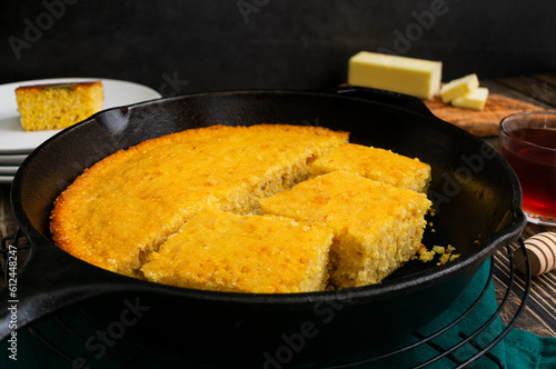 Buttermilk Cornbread Baked Cut Into Pieces in a Cast-Iron Skillet: Freshly made Southern cornbread in a frying pan with butter and honey on the side photo