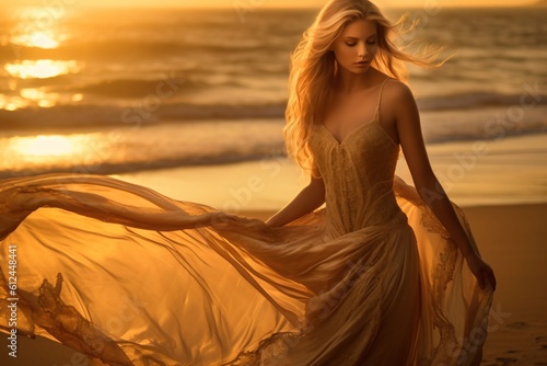 attractive blonde woman in white flowing dress on beach created with Generative AI technology