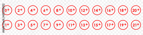 Age limit icons. 18+, 3+, 21+ and other age restriction signs, stickers or emblems. For adults or for kids. Vector
