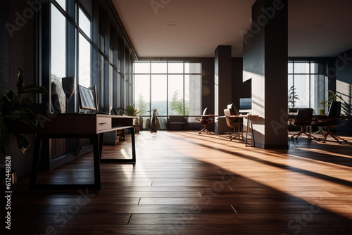 an office with wood desks and glass walls, in the style of high detailed, grey academia, wood, photo-realistic landscapes, vintage minimalism, light silver and light brown © Miracle