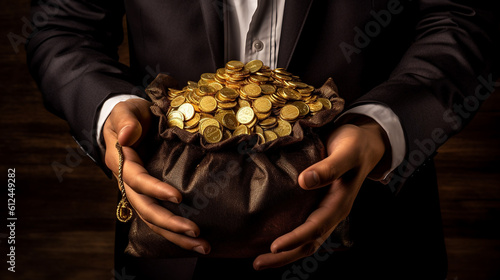 Businessman holding a bag full of golden coins.Created with Generative AI technology. photo