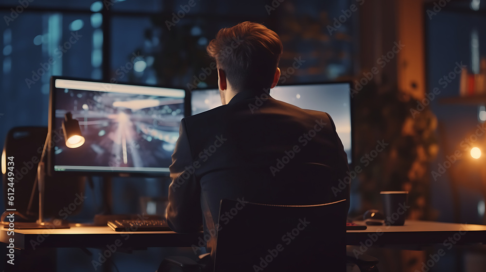 Stock Trader Man Using Multiple Monitors while working at night. Back view.Created with Generative AI technology.