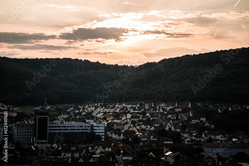 Gloomy cityscape of Oberkochen captured at sunset