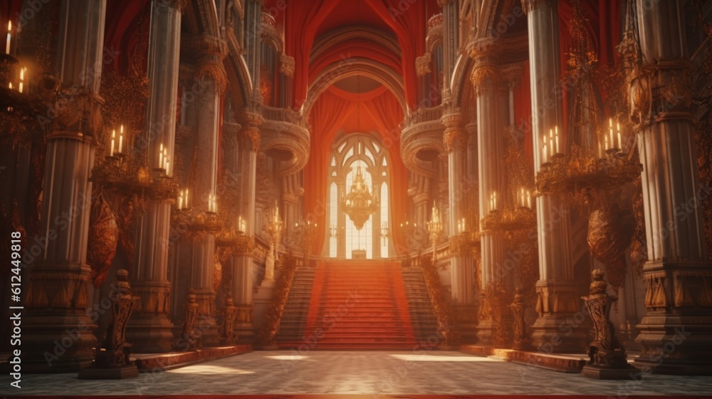 A realistic fantasy blue interior of the royal palace. golden blue palace. castle interior. Fiction Backdrop. concept art generative ai