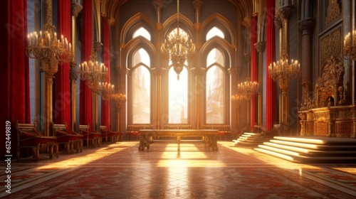 A realistic fantasy blue interior of the royal palace. golden blue palace. castle interior. Fiction Backdrop. concept art generative ai