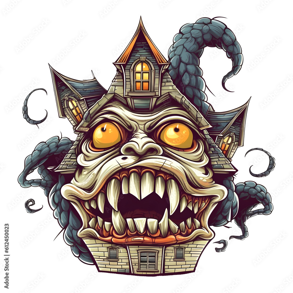 cartoon house in the form of a monster, isolated on a transparent ...