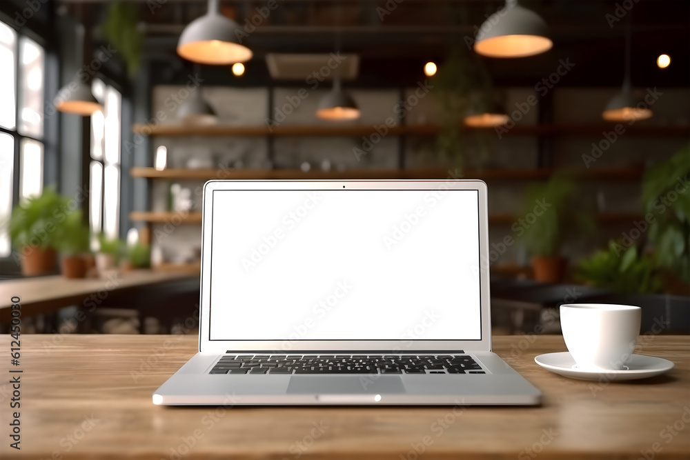 transparent blank laptop screen on table with blurred background of cozy hub or cafe, generative ai transparent blank laptop screen on table with blurred background of cozy hub or cafe, generative ai