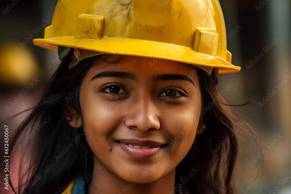 indian female construction worker with hardhat on a construction side. Generative Ai indian female construction worker with hardhat on a construction side. Generative Ai