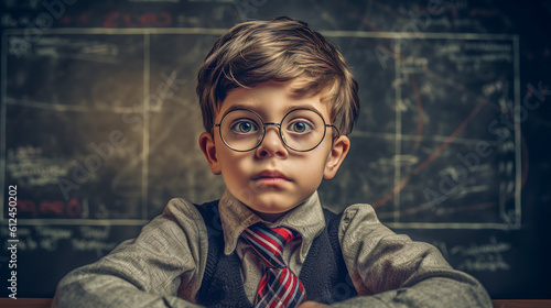 Little schoolboy sits in front of a blackboard.Created with Generative AI technology.