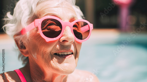 An aged elderly woman in sunglasses swims in an outdoor pool, a woman goes in for sports. Active lifestyle, travel Generative AI