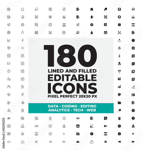 bundle minimal of line and filled editable vector pixel perfect icons for data, coding, editing, analytics, tech and web at 20x20px