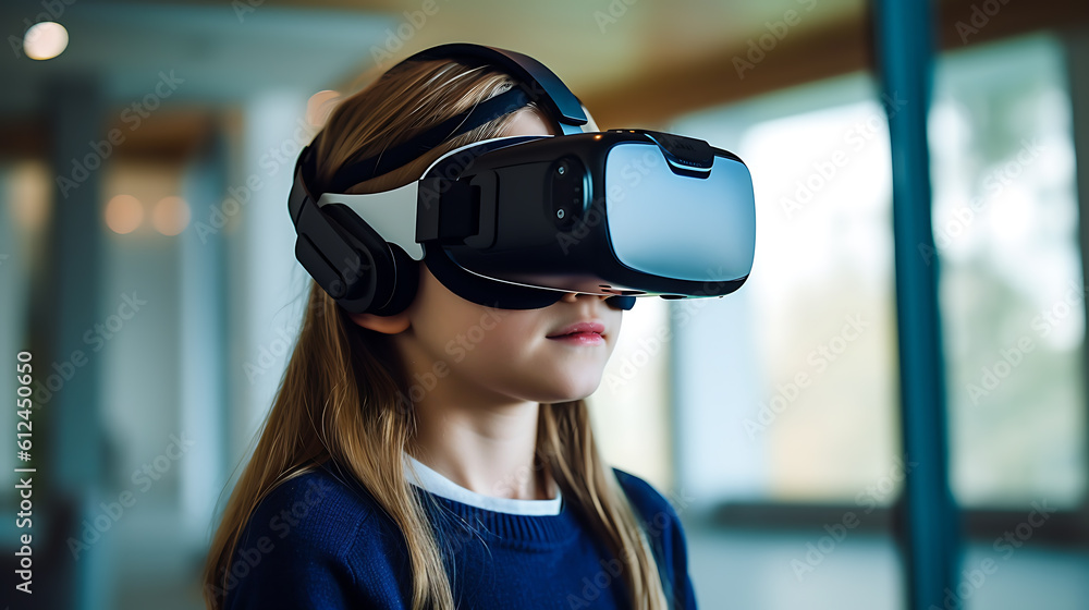 Schoolgirl wearing virtual reality goggles at school.Created with Generative AI technology.