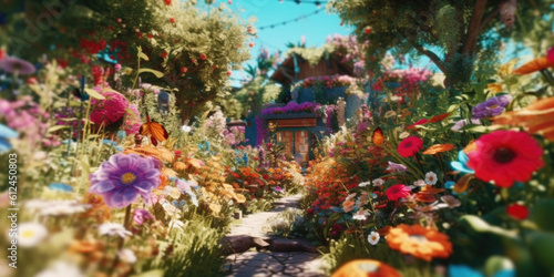 Experience a symphony of colors in full bloom as a vibrant garden paints a picturesque scene, overflowing with a captivating array of blooming flowers. Generative AI 