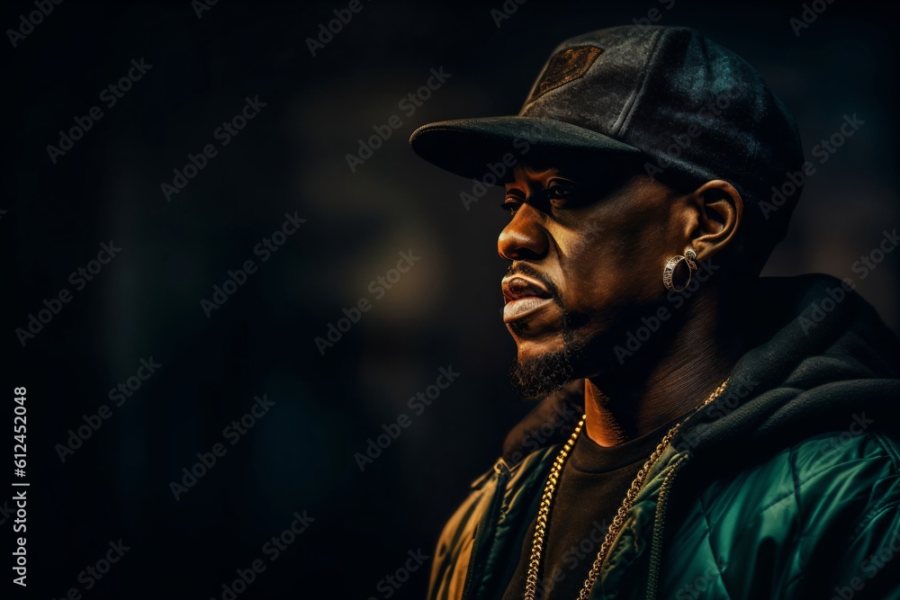man with baseball cap and gold chain in a green hooded jacket created with Generative AI technology man with baseball cap and gold chain in a green hooded jacket created with Generative AI technology