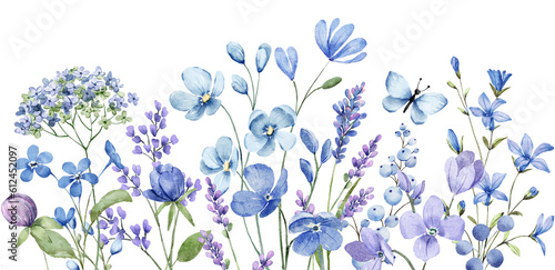 Fototapeta Watercolor blue flowers border banner for stationary, greetings, etc