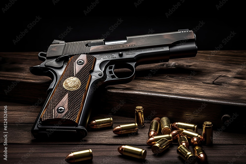 Gun with ammunition on wooden background.ai generated Gun with ammunition on wooden background.ai generated