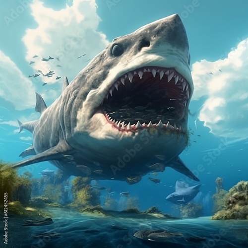 Megalodon with sharp teeth  underwater,angry shark hunting.Beautiful underwater life with corals and fish,ecology.illustration created with generative AI technology