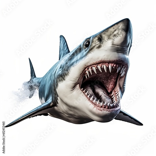 Megalodon with sharp teeth isolated on white angry shark.illustration created with generative AI technology