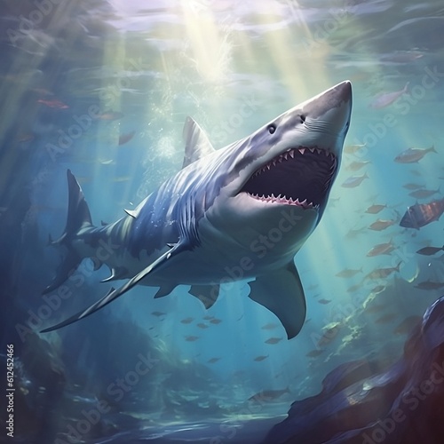 Megalodon with sharp teeth  underwater angry shark hunting.Beautiful underwater life with corals and fish ecology.illustration created with generative AI technology