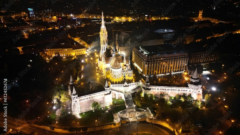 Aerial shot of Matthias Church in Budapest at night
