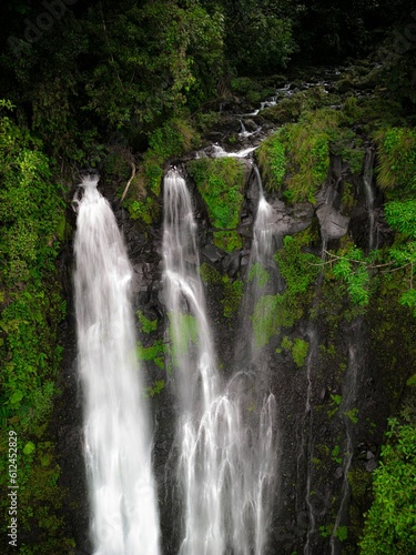 A high angle aerial shot of the Pozo Azul waterfall in Costa Rica
