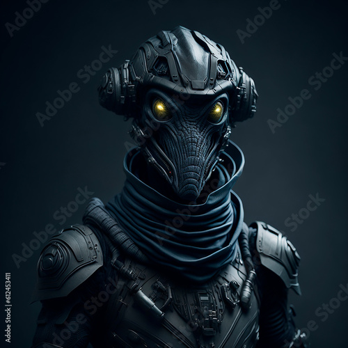Portrait of stylish grey alien in military wear standing on dark background. Generative AI technology