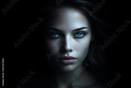 serious face of beautiful woman with blue eyes created with Generative AI technology