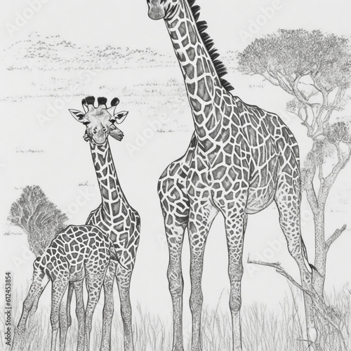 Capture the Magic in a Hand-Colored Page Featuring an Elegant Giraffe and its Adorable Offspring