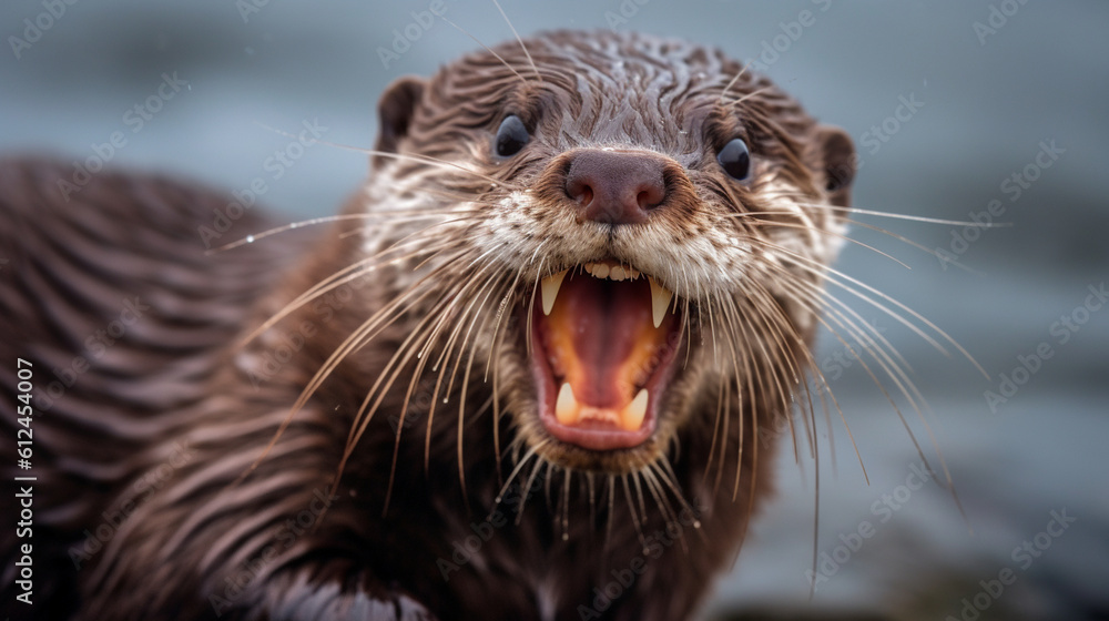 An amusing photo of an otter with its mouth wide open, as if caught mid-yawn, showcasing its delightful and expressive face Generative AI An amusing photo of an otter with its mouth wide open, as if caught mid-yawn, showcasing its delightful and expressive face Generative AI