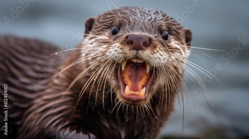 An amusing photo of an otter with its mouth wide open, as if caught mid-yawn, showcasing its delightful and expressive face Generative AI