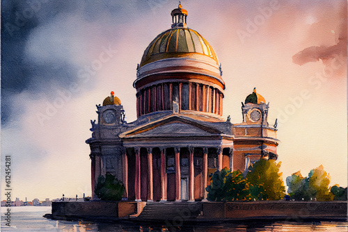 Landmarks of St. Petersburg, watercolor illustration on white paper.