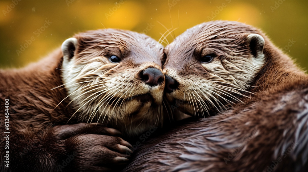 Fototapeta premium An adorable photo of two otters cuddling together, sharing a moment of pure love and companionship Generative AI