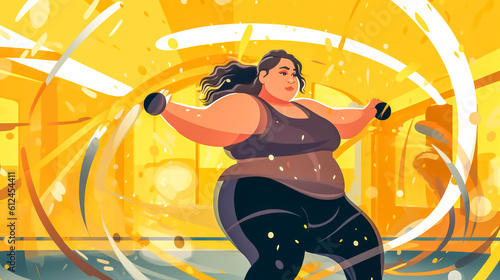 fat overweight woman exercising in the gym, concept of losing weight and healthy movement, banner, made with Generative AI © edojob
