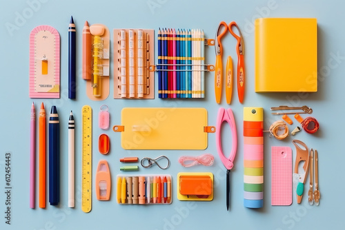 Colorful stationary school supplies on blue background, flat lay. Generative AI.