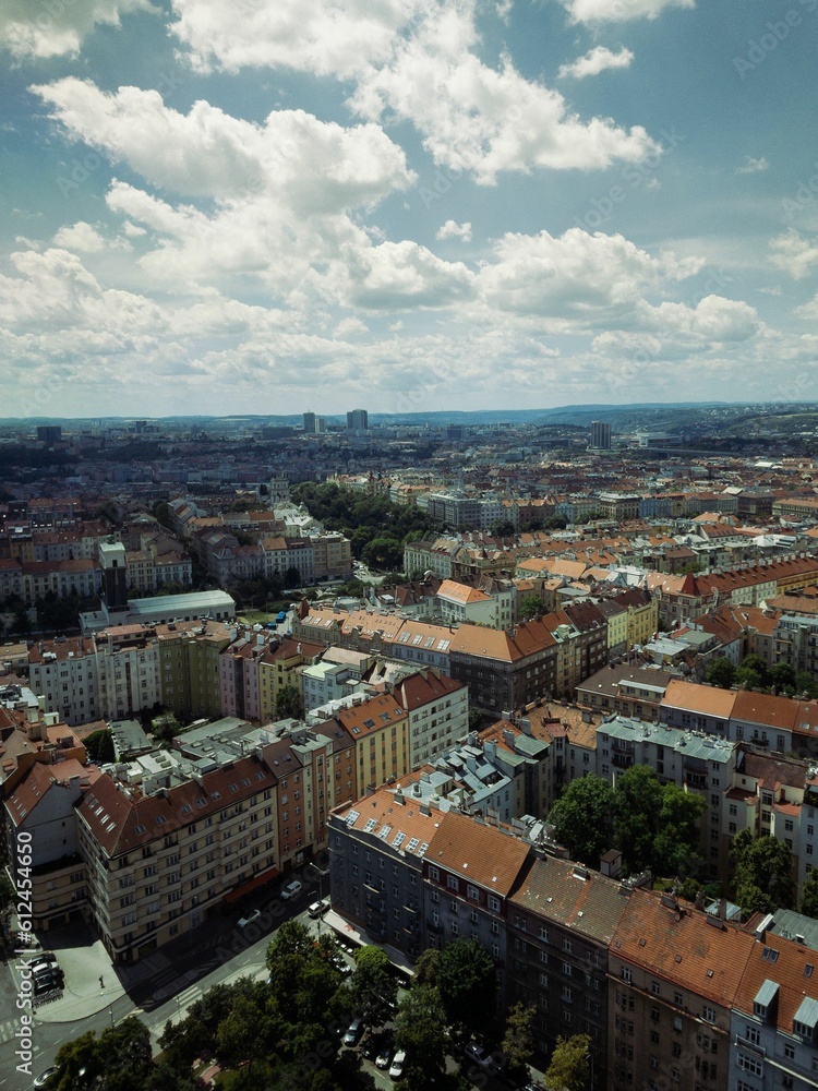 Vertical aerial view of city buildings and streets of Prague under the sunlight