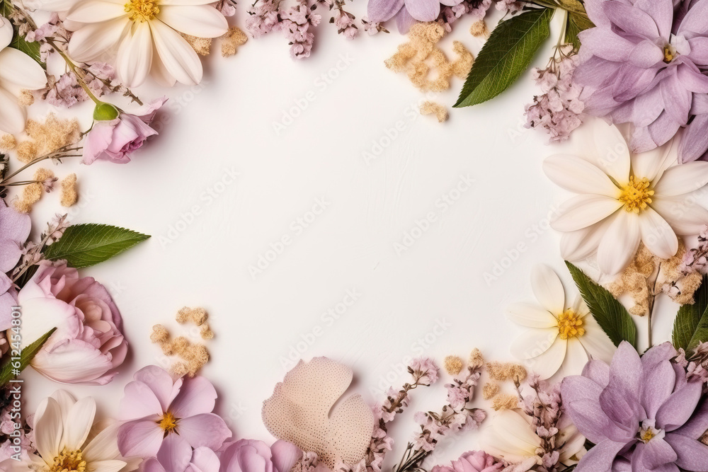 Frame with flowers, branches, leaves and petals isolated pastel background flat lay. Free copy space. Generative AI. Frame with flowers, branches, leaves and petals isolated pastel background flat lay. Free copy space. Generative AI.