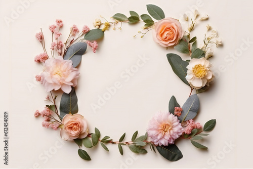 Frame with flowers, branches, leaves and petals isolated pastel background flat lay. Free copy space. Generative AI.