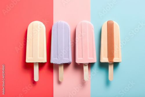 Ice cream sticks on pastel colors background  flat lay. Generative AI.