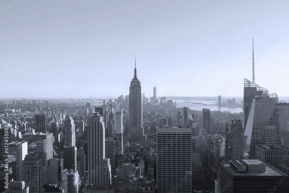 Aerial shot over downtown New York during the day in greyscale