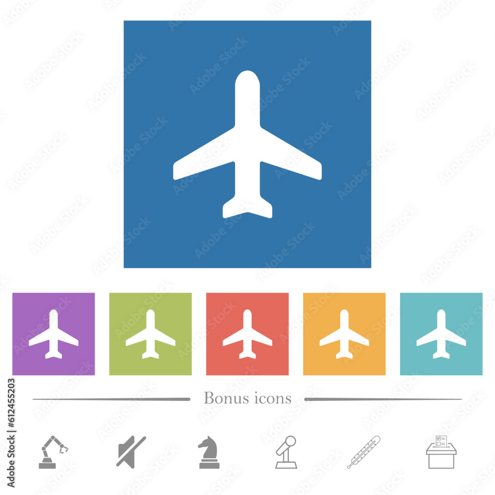 Airplane top view flat white icons in square backgrounds