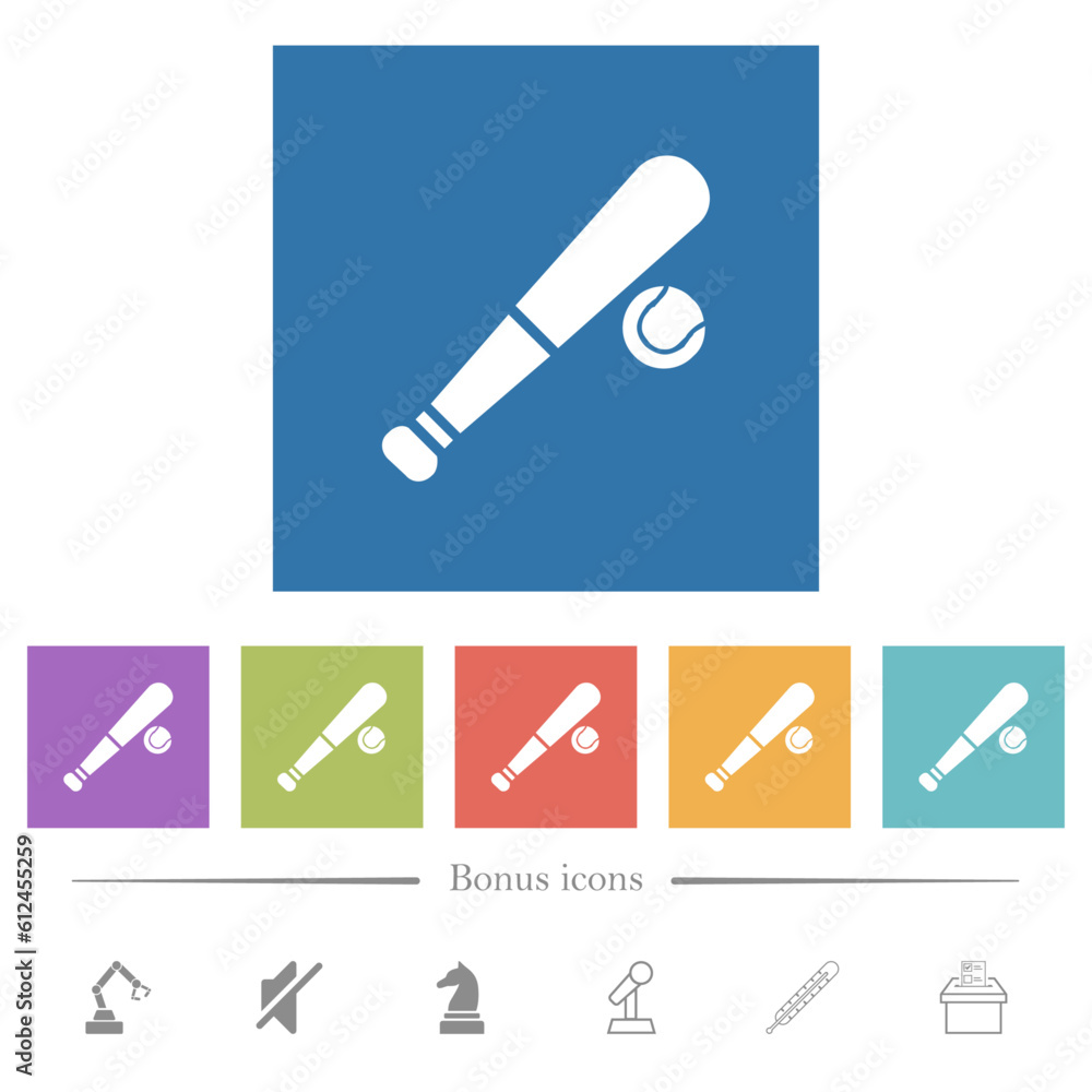 Baseball bat and ball flat white icons in square backgrounds Baseball bat and ball flat white icons in square backgrounds