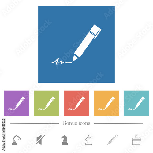 Writing pen flat white icons in square backgrounds