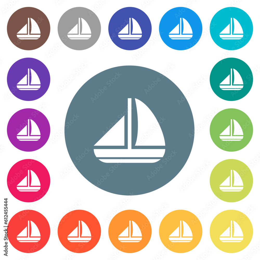 Sailing boat solid flat white icons on round color backgrounds Sailing boat solid flat white icons on round color backgrounds
