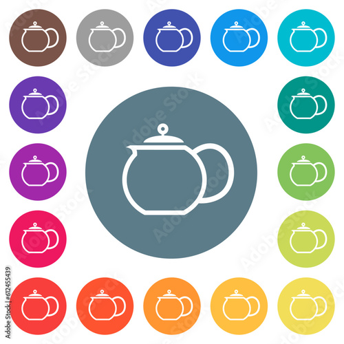 Teapot outline flat white icons on round color backgrounds