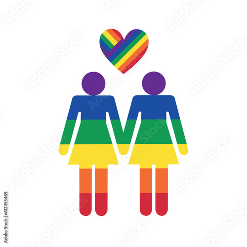 Icono de dos chicas de la mano junto a un corazón,. Vista de frente y de cerca. Bandera gay. Arco. Vector